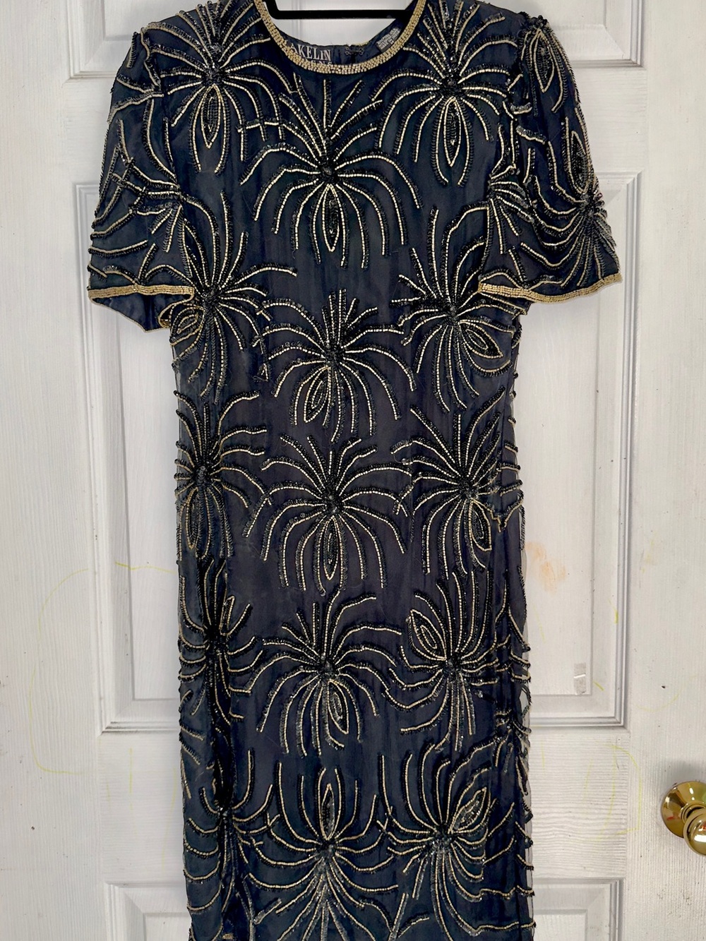 Vintage Jakelin Beaded/Sequin Black Evening Dress with Gold Accents - M